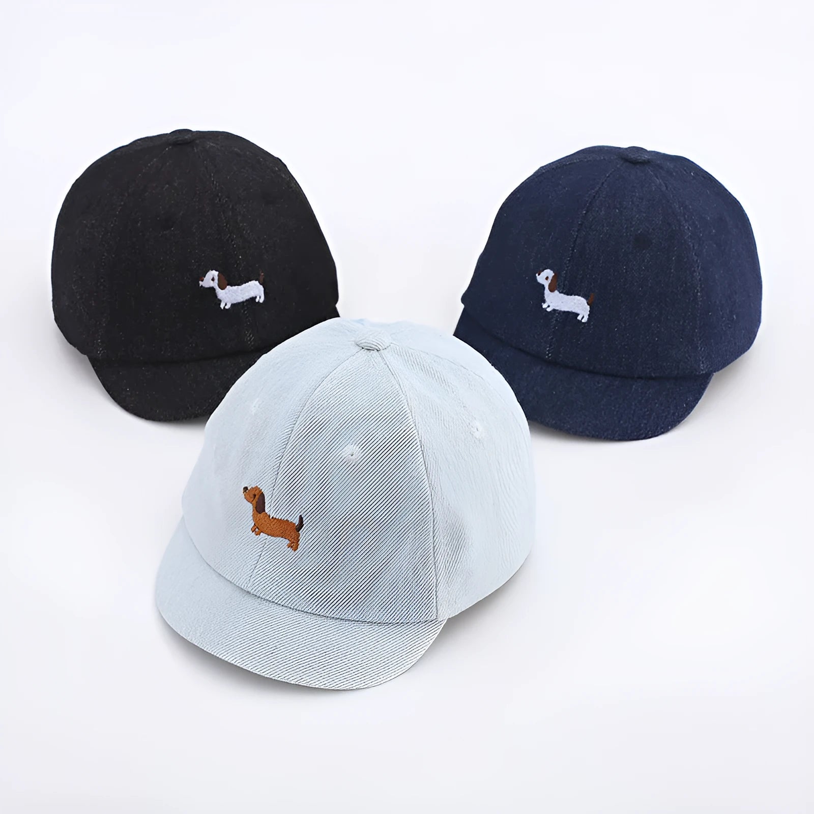 Denim babies baseball cap with dome crown in light blue, dark blue, or black colours for summer sun protection