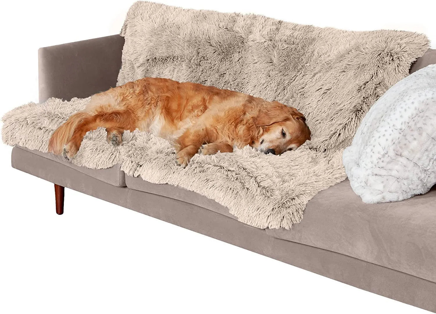 Plush waterproof double layer thickening dog cushion in dark grey colour showing size comparison