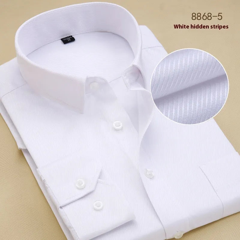 Men's black slim fit long sleeve business shirt made from cotton fabric.