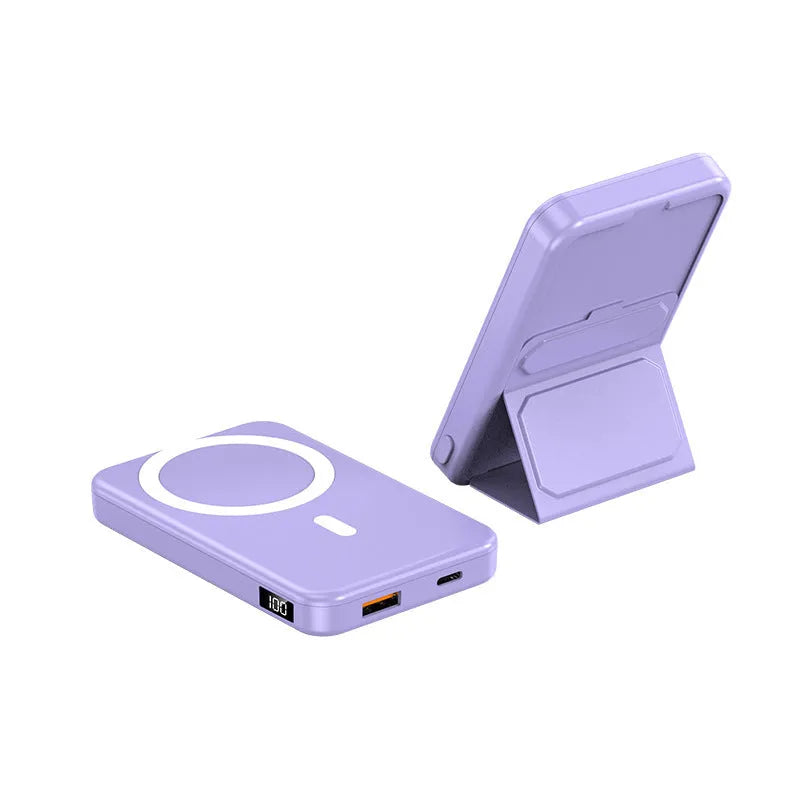 Magnetic wireless charging power bank with folding bracket showing capacity options and colour variations