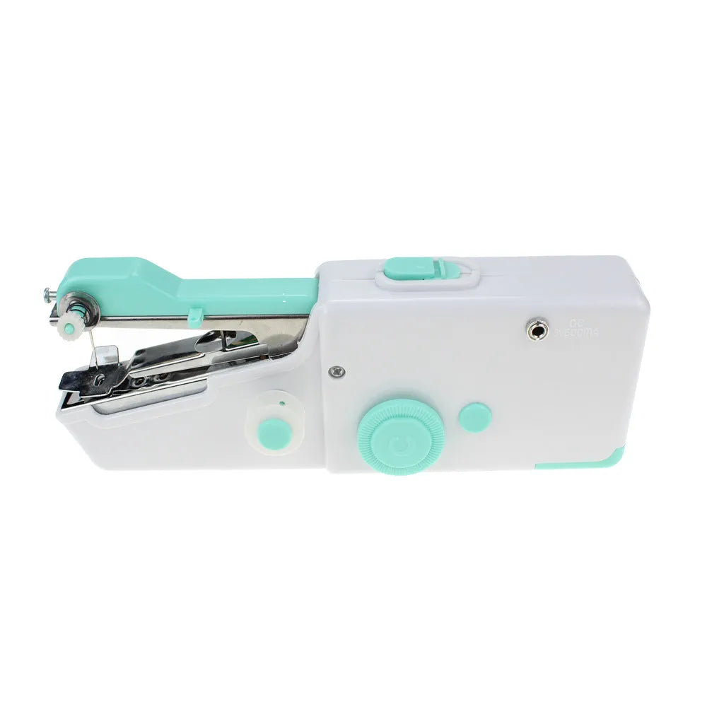 Portable mini handheld sewing machine in black with ABS alloy body, compact 20x7x3 cm size, for cordless sewing of clothes and fabrics