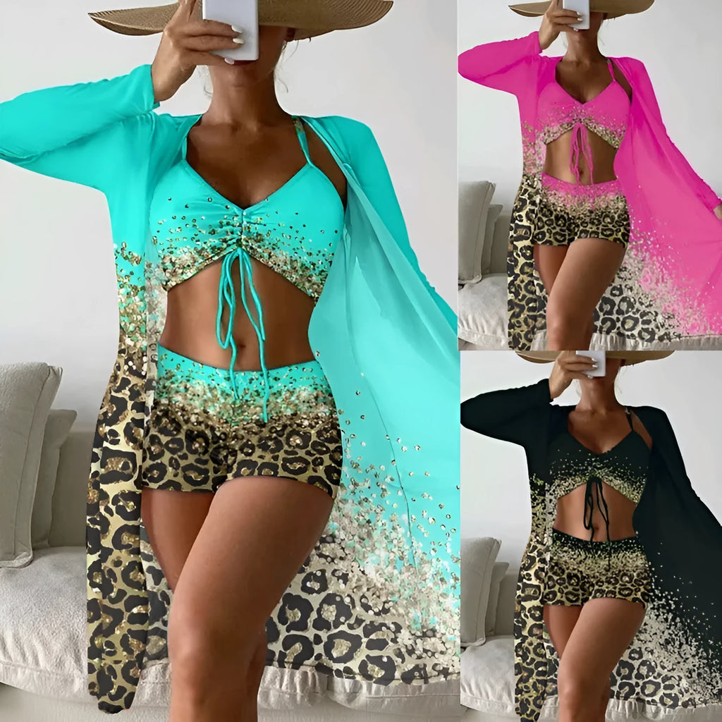 Women's casual split print swimsuit set in polyester high waist sleeveless two piece lake blue