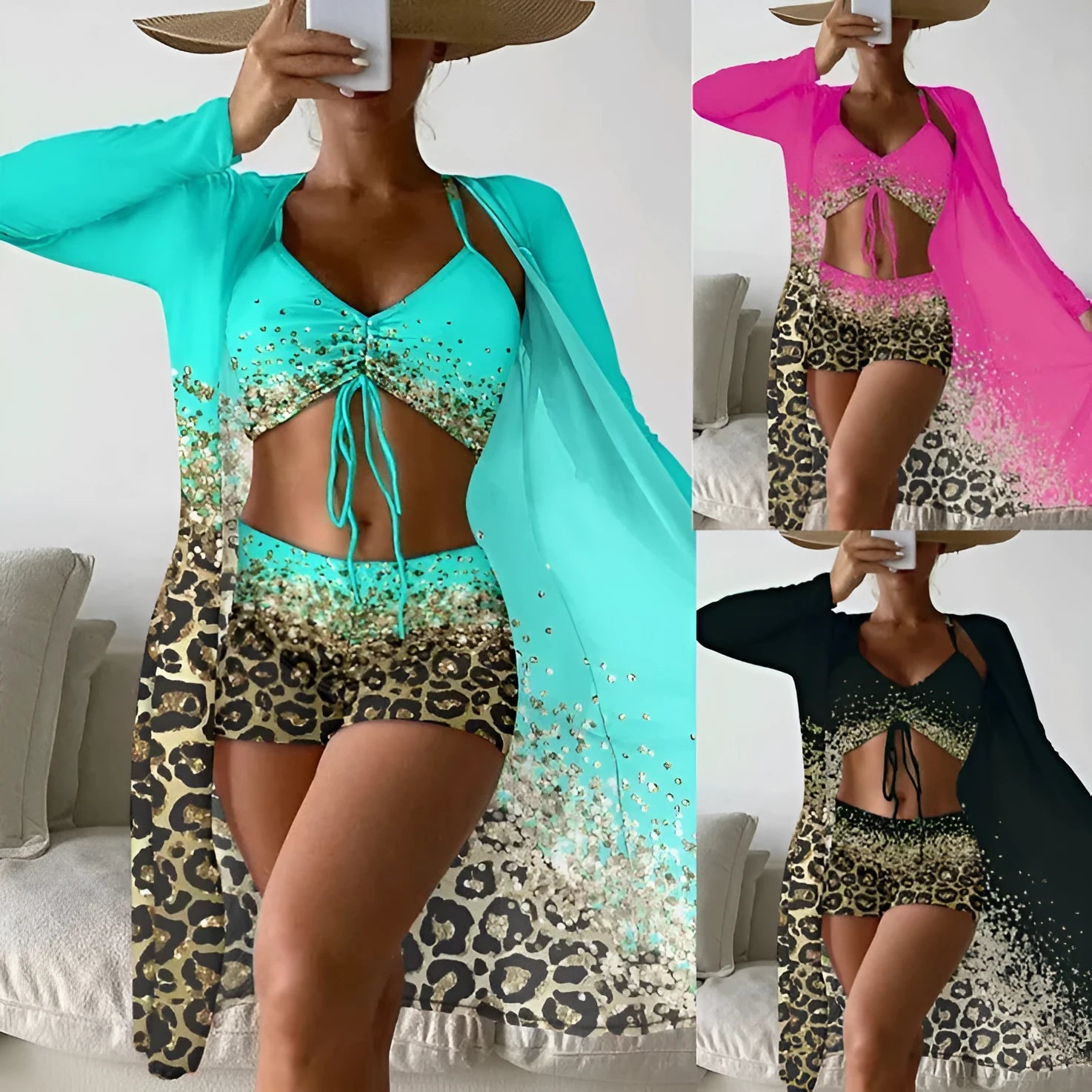 Women's casual split print swimsuit set in polyester high waist sleeveless two piece lake blue