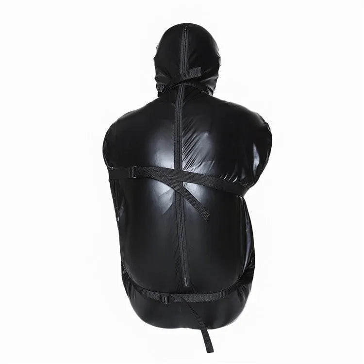 Black patent leather bondage set with full-coverage garment and six ratchet tie-down pieces