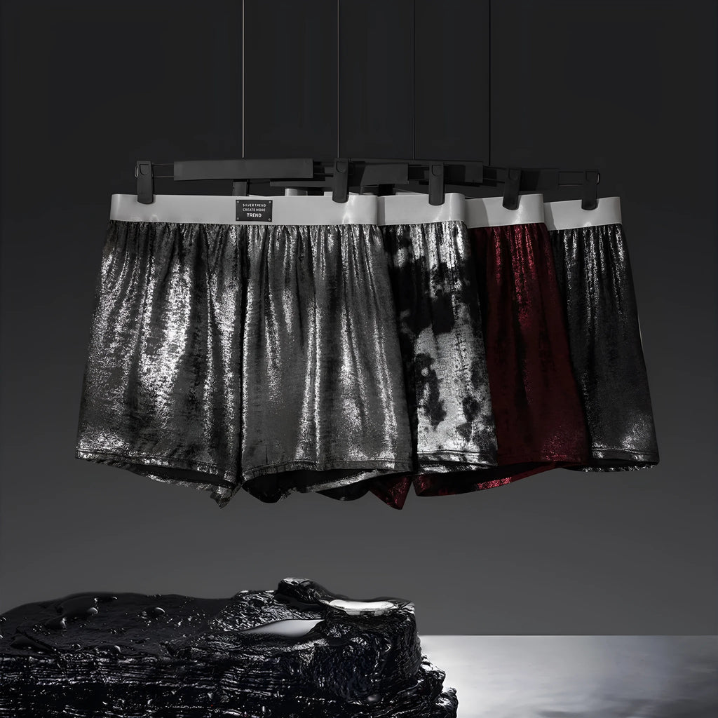 Men's Galaxy Reflective Bright Silver woven polyester underwear in mid-waist loose fit showing four colour options