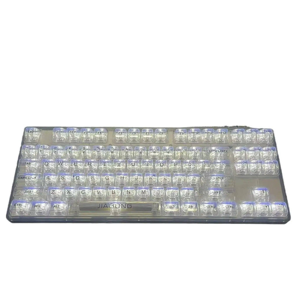 Universal transparent plastic 132-key keyboard key cap set laid out on a table.