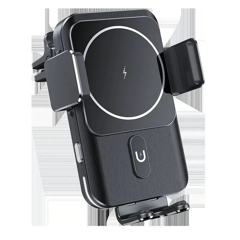Car wireless charger mobile phone holder with 15W charging and two mounting options: clip style and suction cup