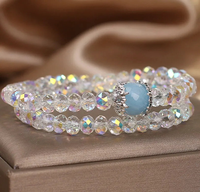 White artificial crystal double ring bracelet for women with electroplated finish