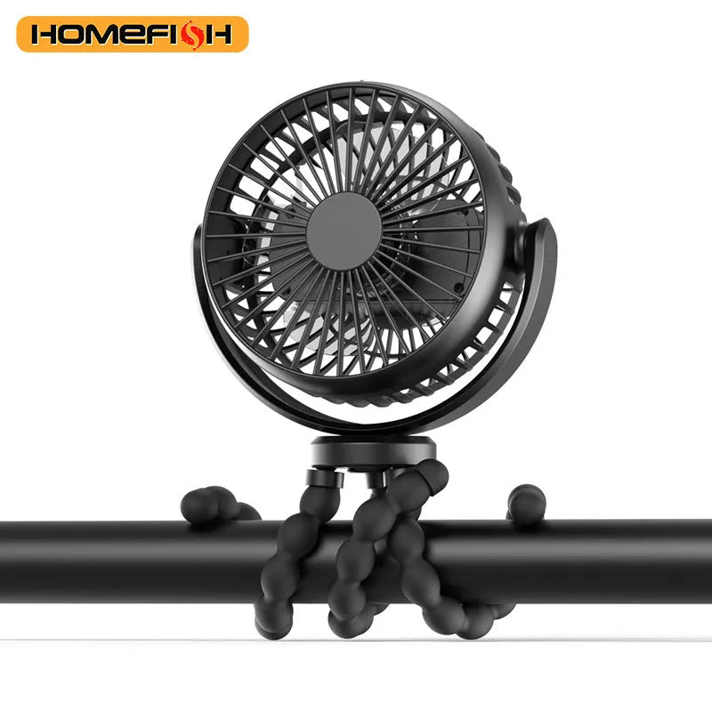 HOMEFISH F2 automatic shaking head portable fan with LED light on a removable bracket.