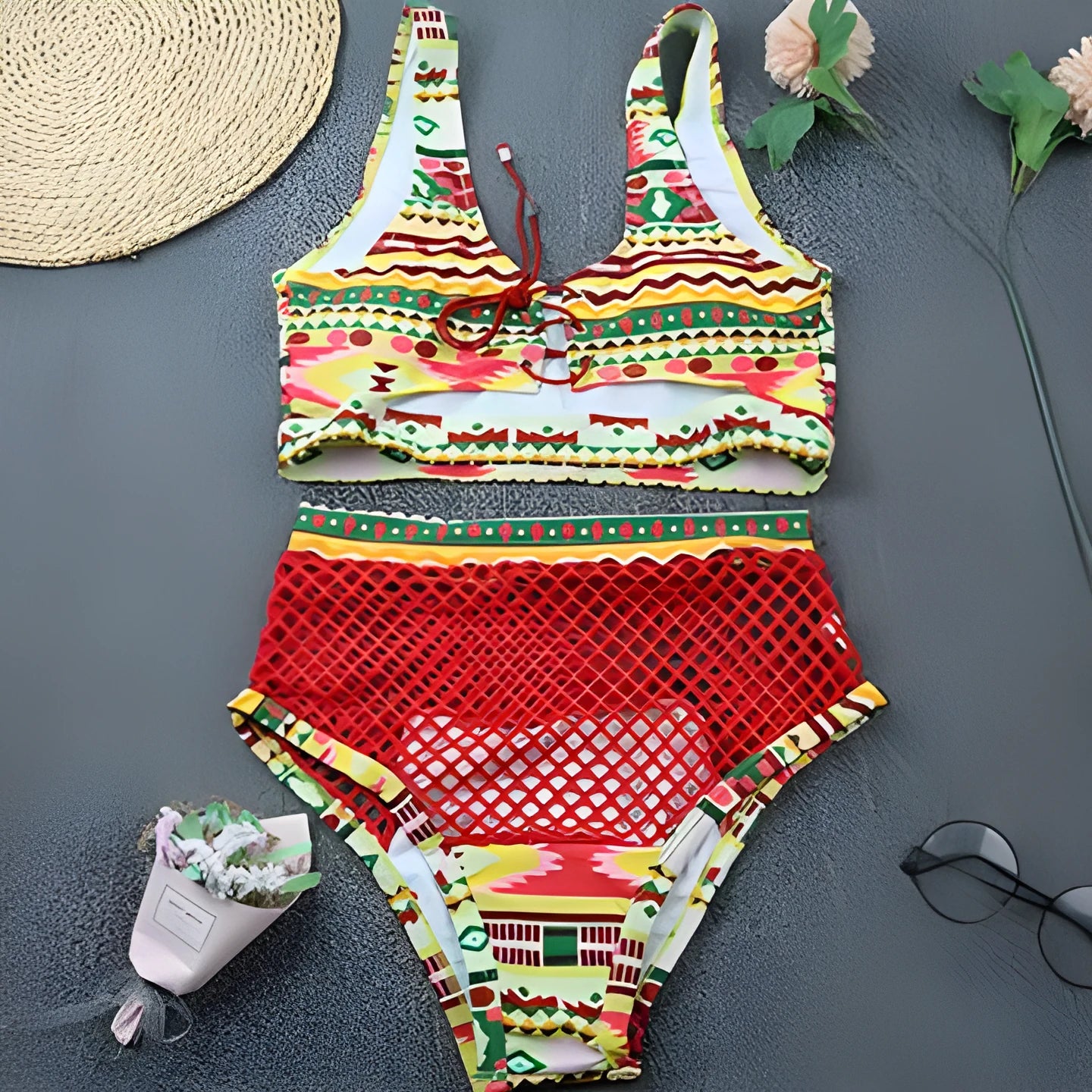 Women's checkered cross strap high waist bikini for swimming