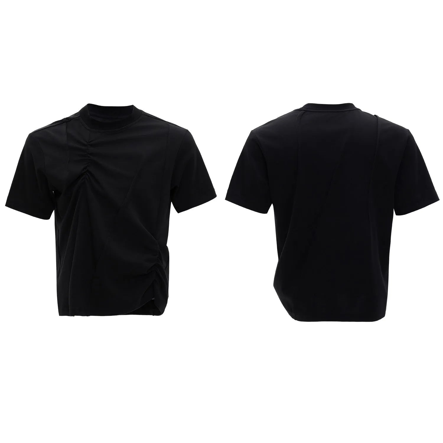 Men's grey pleated cotton t-shirt with round neck and short sleeves on a loose fit model
