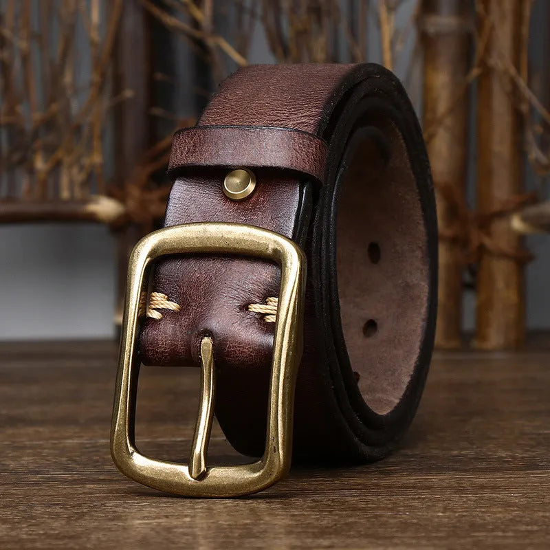 Men's cowhide vintage distressed pleated belt with copper buckle, 3.8cm wide, black brown khaki reddish brown