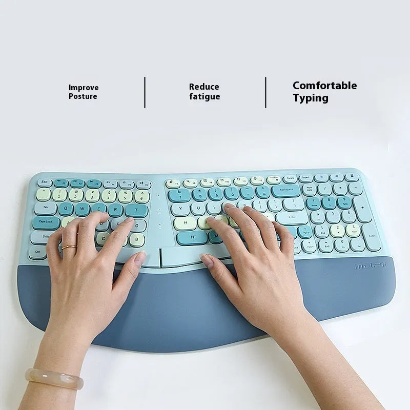 Ergonomic wireless keyboard and mouse set with wrist splint, waterproof veneer finish, shown in mixed colour options