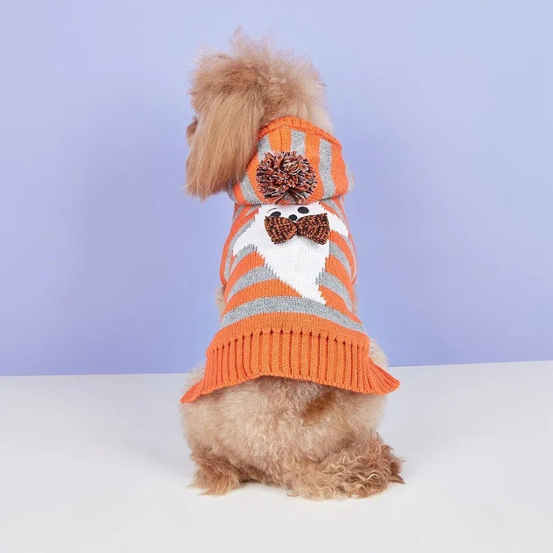 Orange striped knitted pet sweater with hood and fur ball trim for small dogs or cats