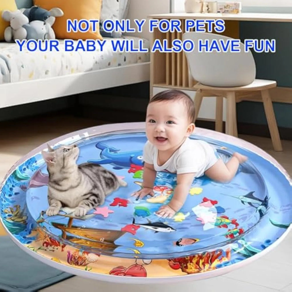 Blue circular cat water playmat on floor, showing ocean fish design and floating fish toys inside.