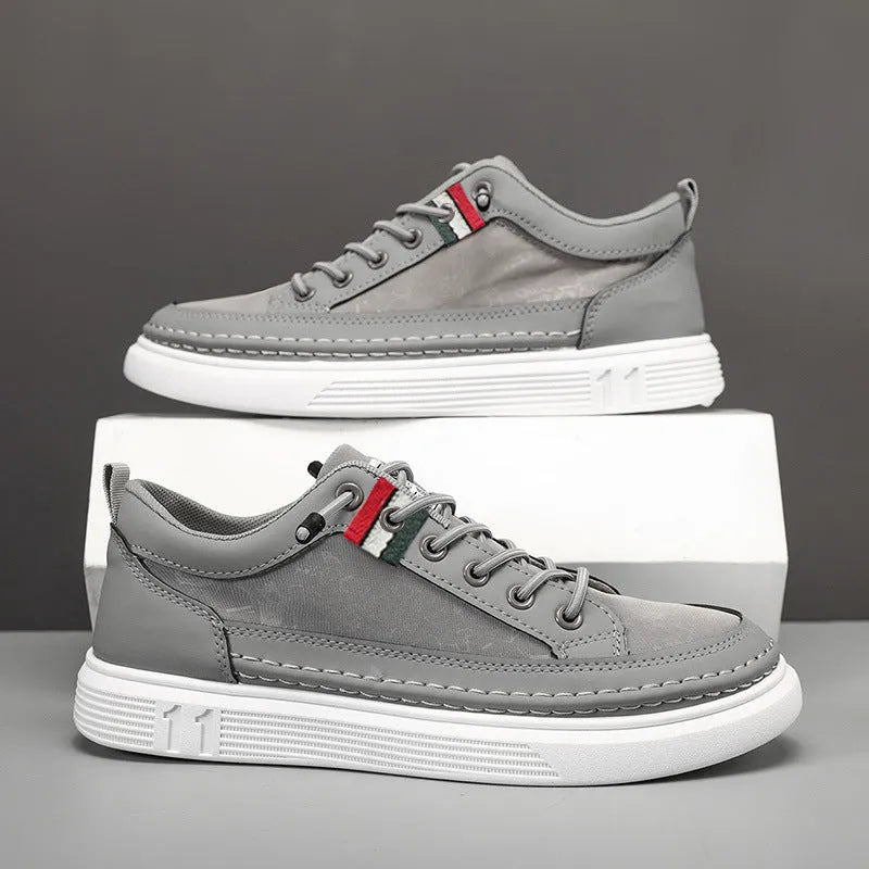 Men's grey high-cut casual sneakers with a bandage dress style, round toe, and a PU upper.