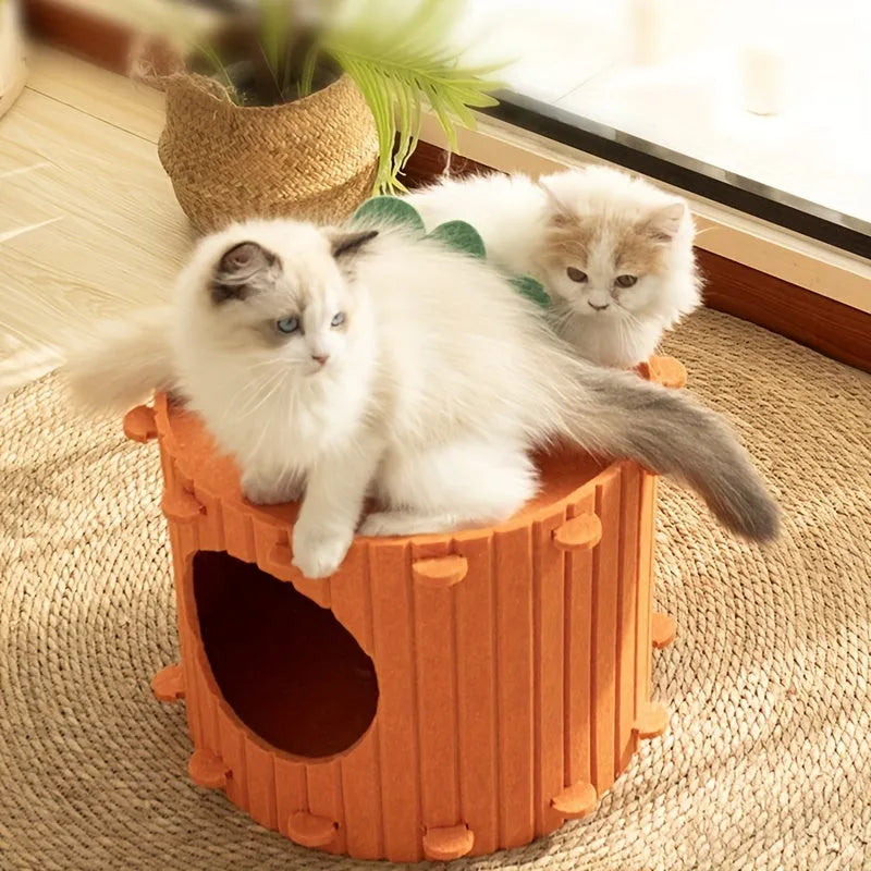 Soft felt cat tunnel bed in semi-enclosed design showing interior space