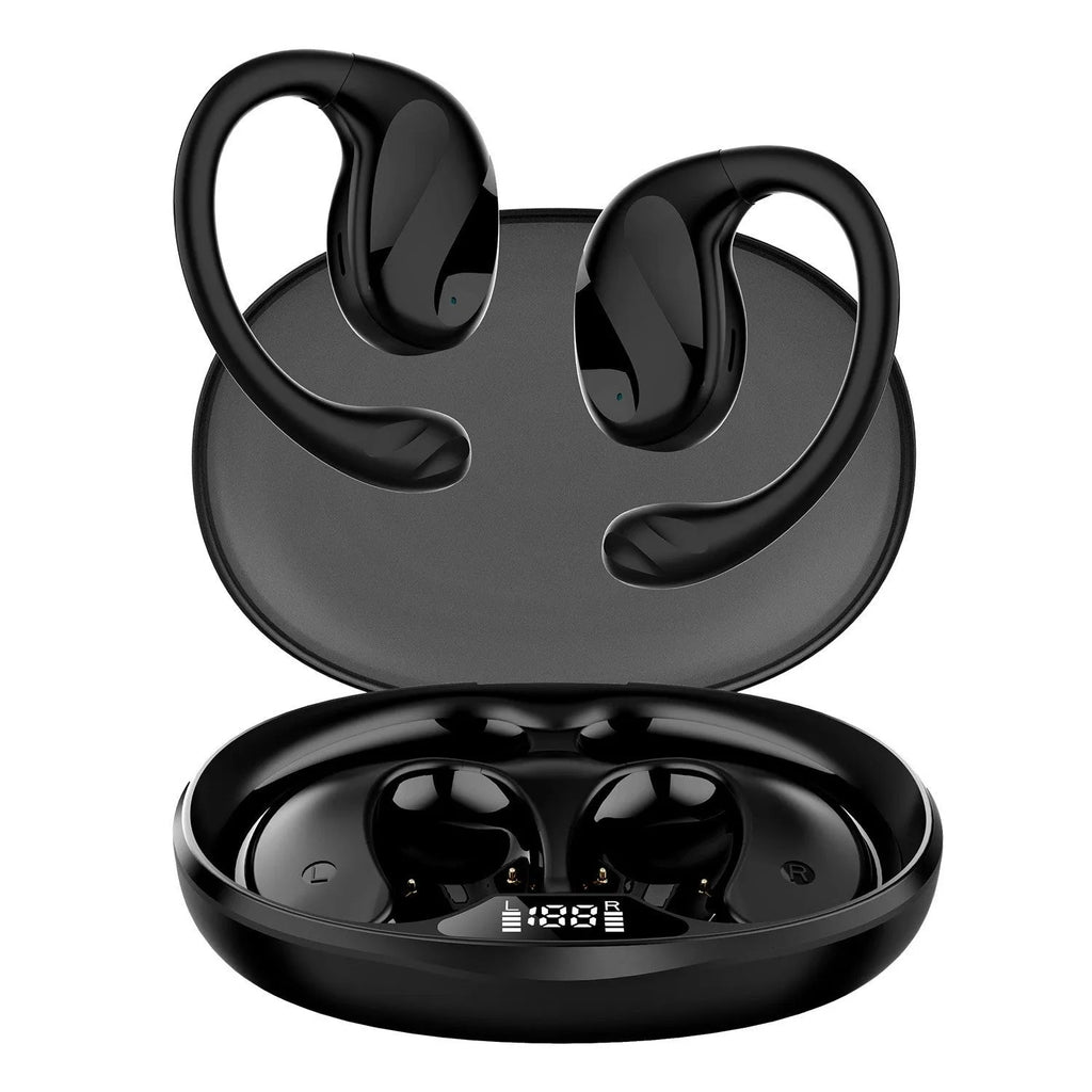 Wireless Bluetooth ear hook headset with digital display, ABS body, white colour, simple design