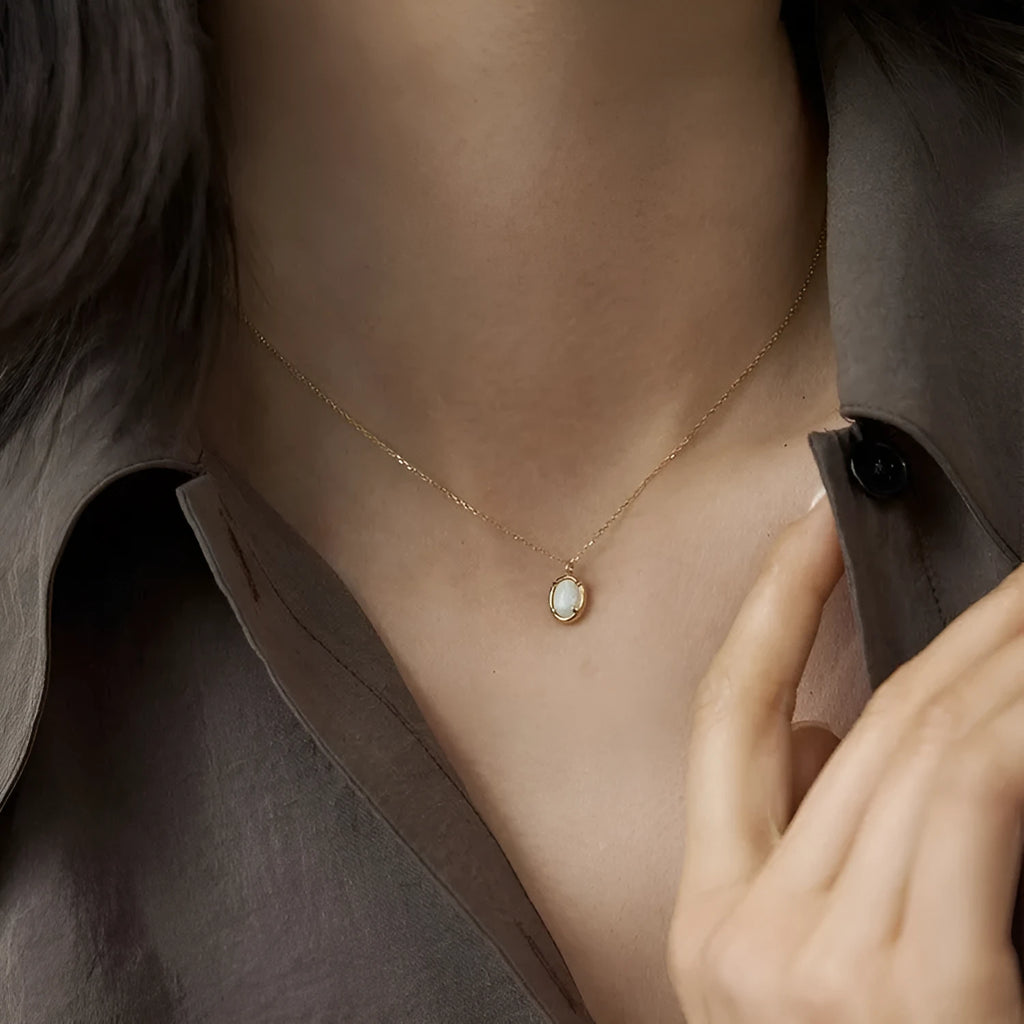 S925 silver geometric pendant necklace with jelly opal centrepiece