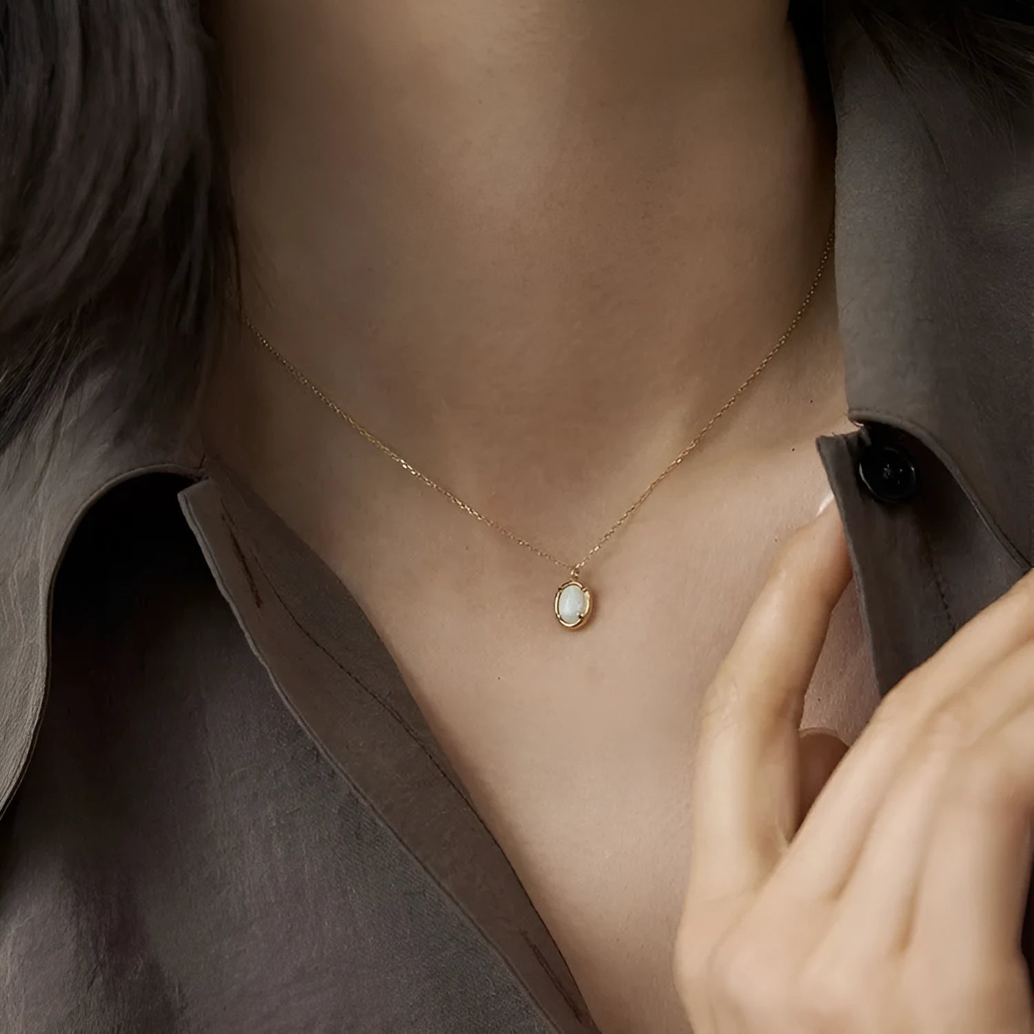 S925 silver geometric pendant necklace with jelly opal centrepiece