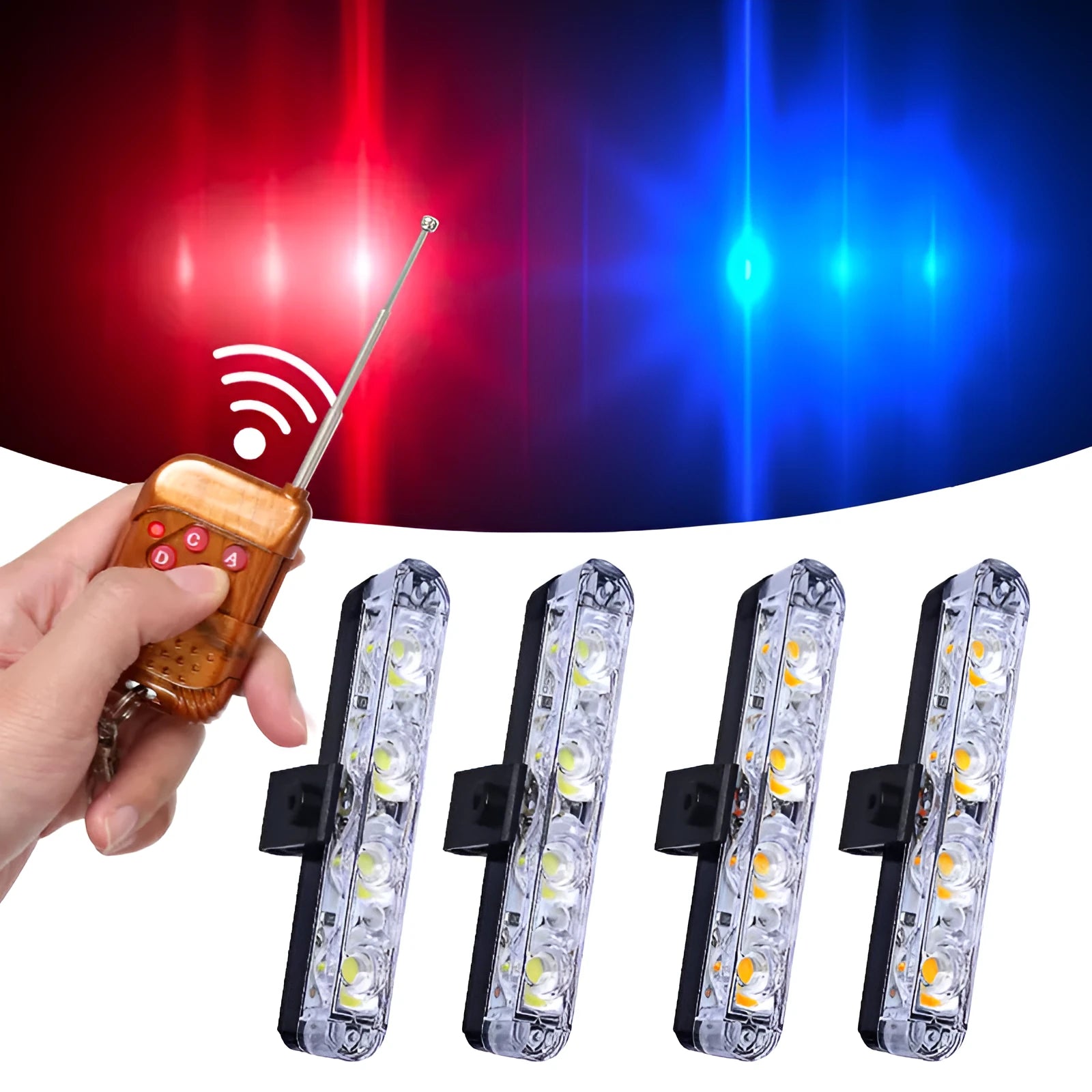 Black car-mounted LED warning light with wireless remote control on a vehicle.