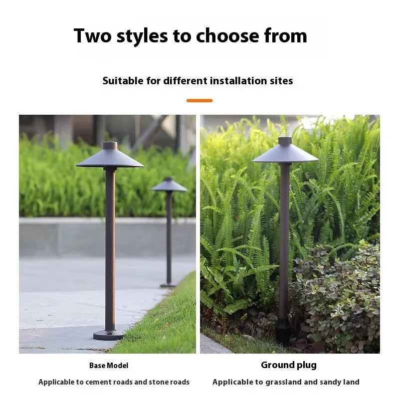 Aluminium IP65 outdoor lawn lamp with geometric abstract art design, 7W 220V, brown finish, floor socket model