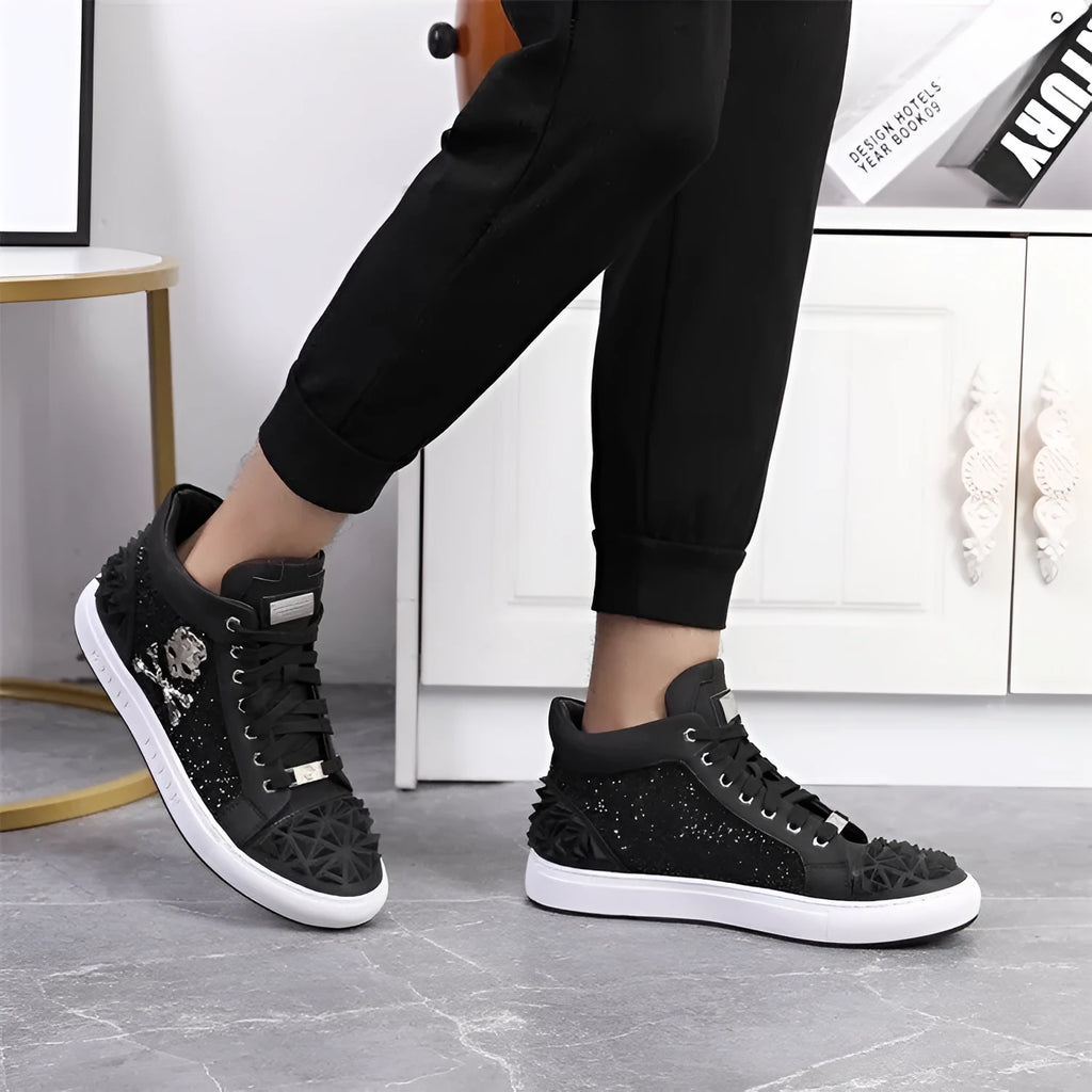 Men's black genuine leather high top skeleton shoes with red laces on a white background.