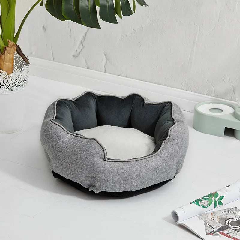 Octagonal pet bed with removable mats in blue colour with soft wool point design