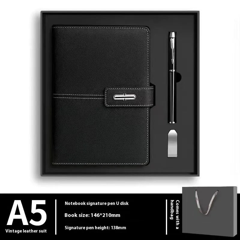 A5 notebook with PU leather cover in choice of colour, shown open on wood-free paper pages.