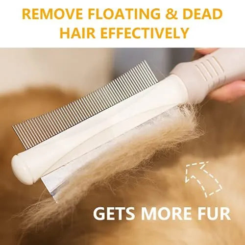 White double-sided dog and cat grooming brush with curved comb and deshedding bristles