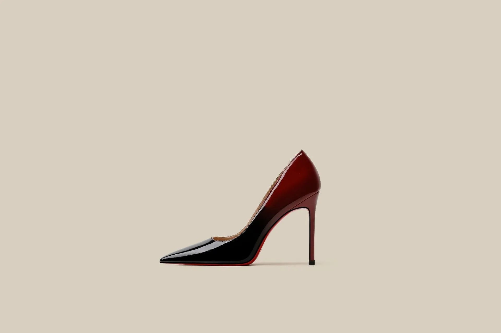 Patent leather black red gradient high heels with stiletto heel and pointed toe in super high heel style