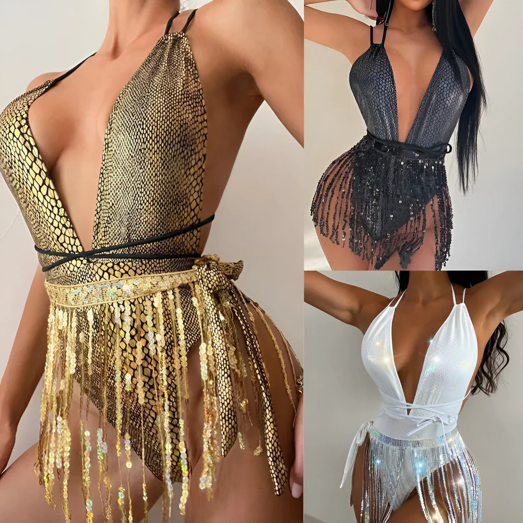 Backless one-piece swimsuit with tassel detail in gold colour