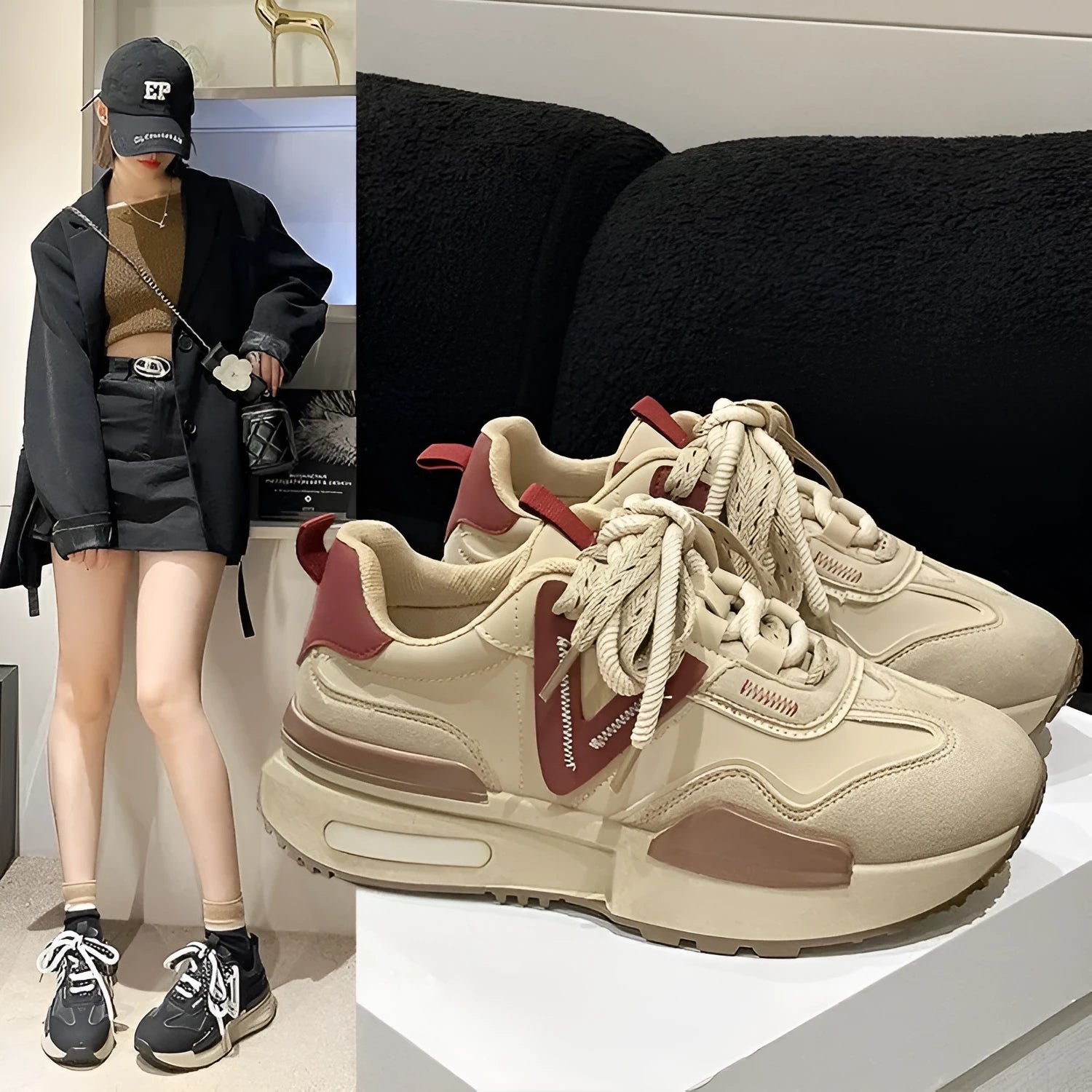 Women's retro platform sports shoes in black and khaki red with lace-up front and round toe
