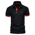 Men's slim fit embroidered short sleeve T-shirt in a cotton blend fabric on a hanger.