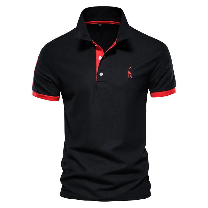 Men's slim fit embroidered short sleeve T-shirt in a cotton blend fabric on a hanger.