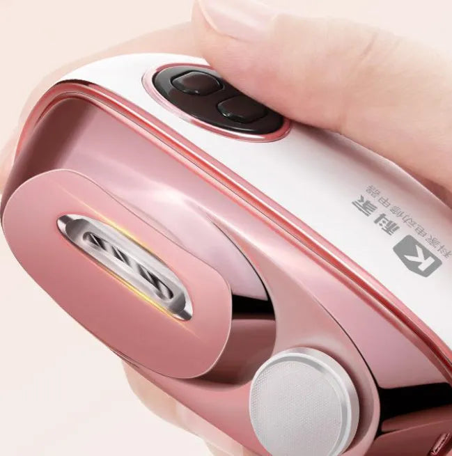 Blue electric nail clipper and polisher two-in-one tool with USB Type-C charging port and cleaning brush.