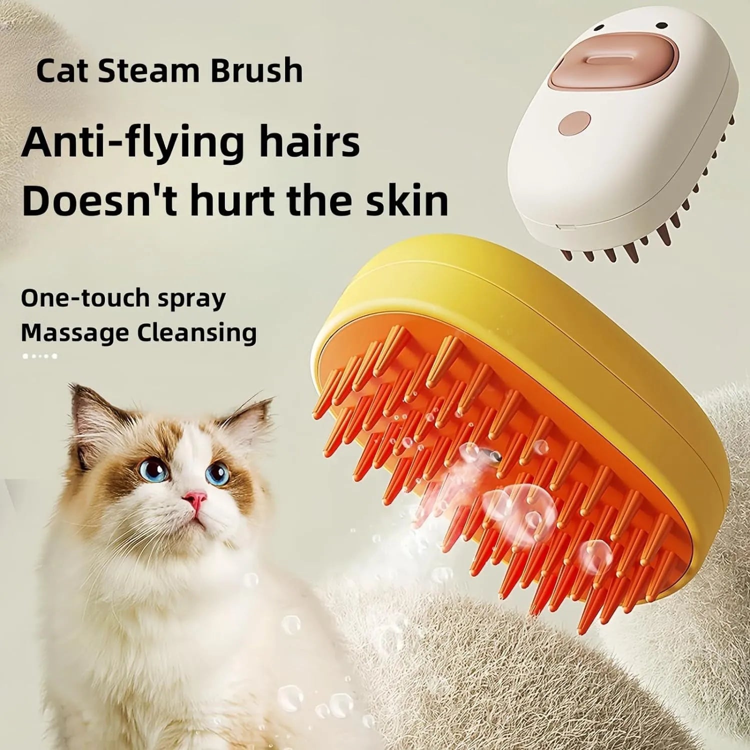 White rechargeable pet steam brush with water tank for cat and dog grooming