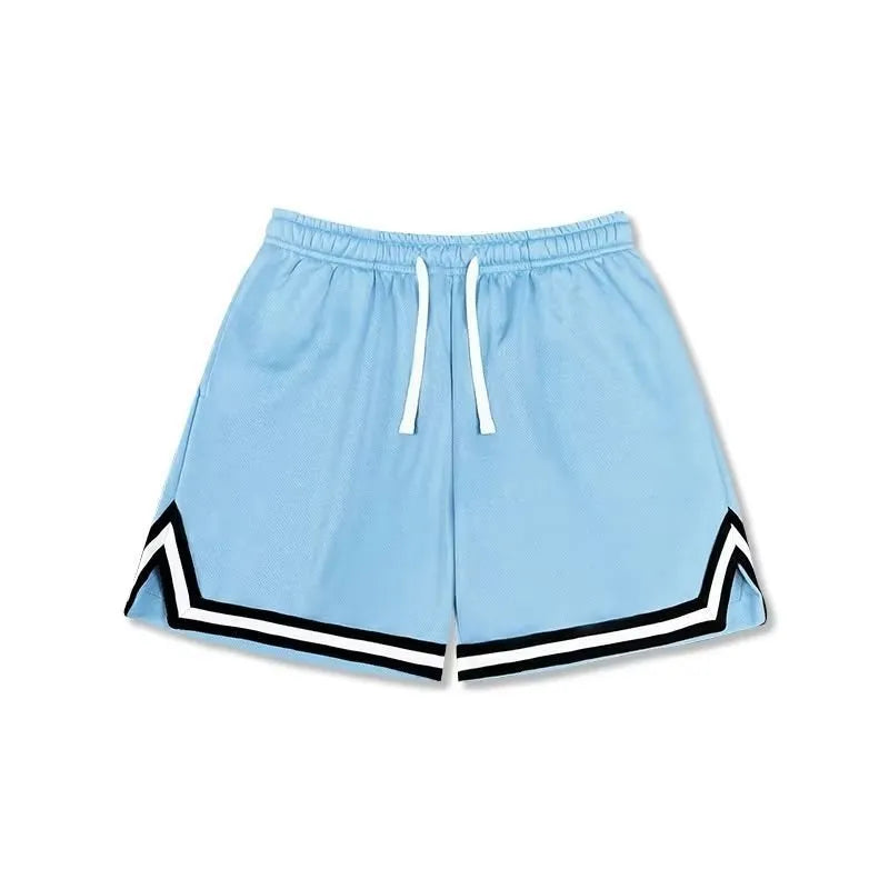 Men's loose-fit polyester sports shorts in various colours on a size chart.