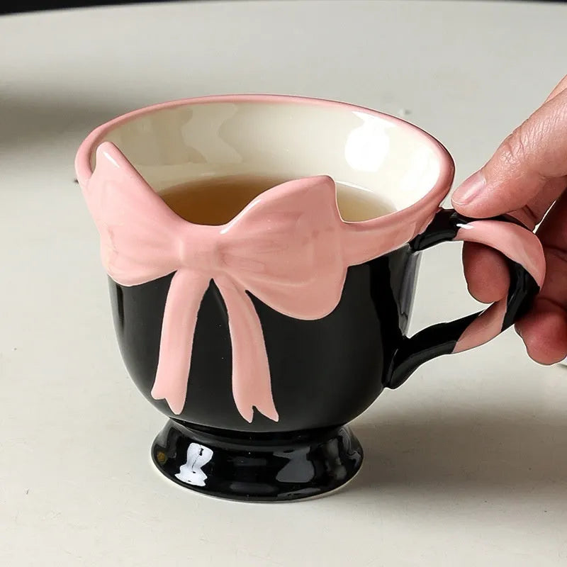 Ceramic heart bow mug in black pink or white powder colour with 340ml capacity
