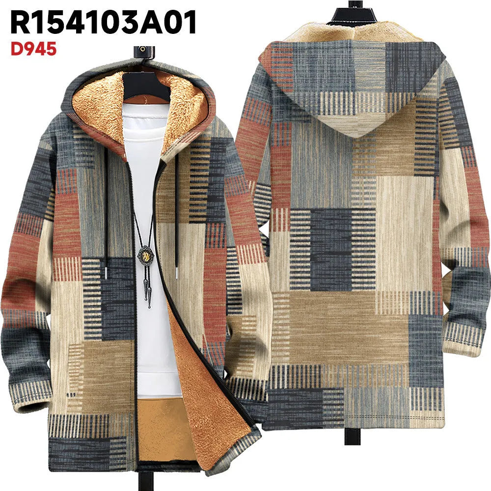 Man wearing a multicolour digitally printed hooded cardigan with a front zipper in a loose fit.