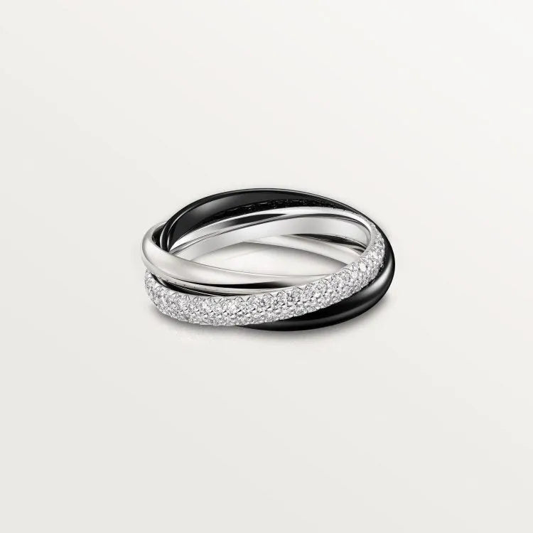 Geometric U-shaped sterling silver couple ring with three cubic zirconia stones on a hand, showing rose gold and black finish options.