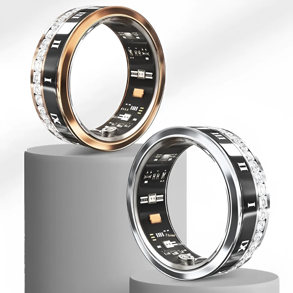 Silver and gold smart rings with diamond inlay showing blood oxygen monitoring technology on finger