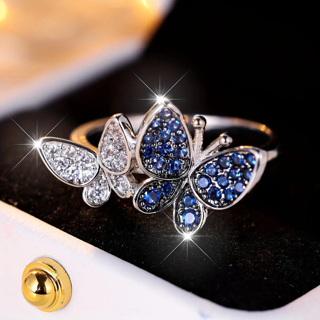 Blue and white butterfly ring for women on copper base with electroplated finish