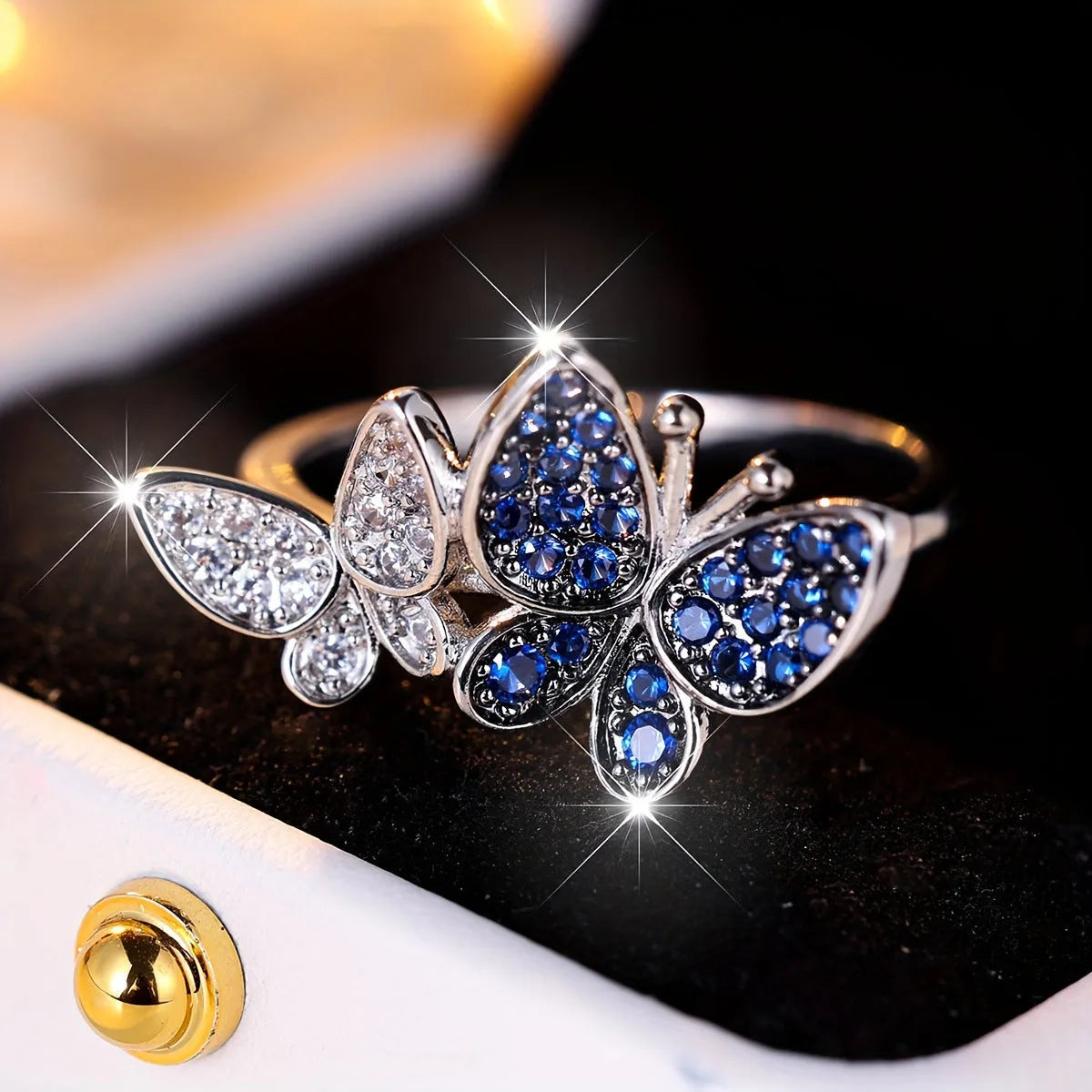 Blue and white butterfly ring for women on copper base with electroplated finish