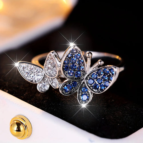 Blue and white butterfly ring for women on copper base with electroplated finish