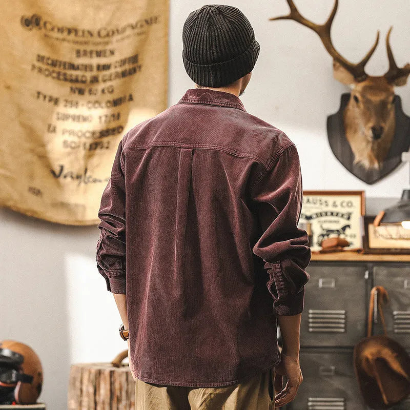 Men's retro corduroy casual jacket in red and black colours with loose fit design