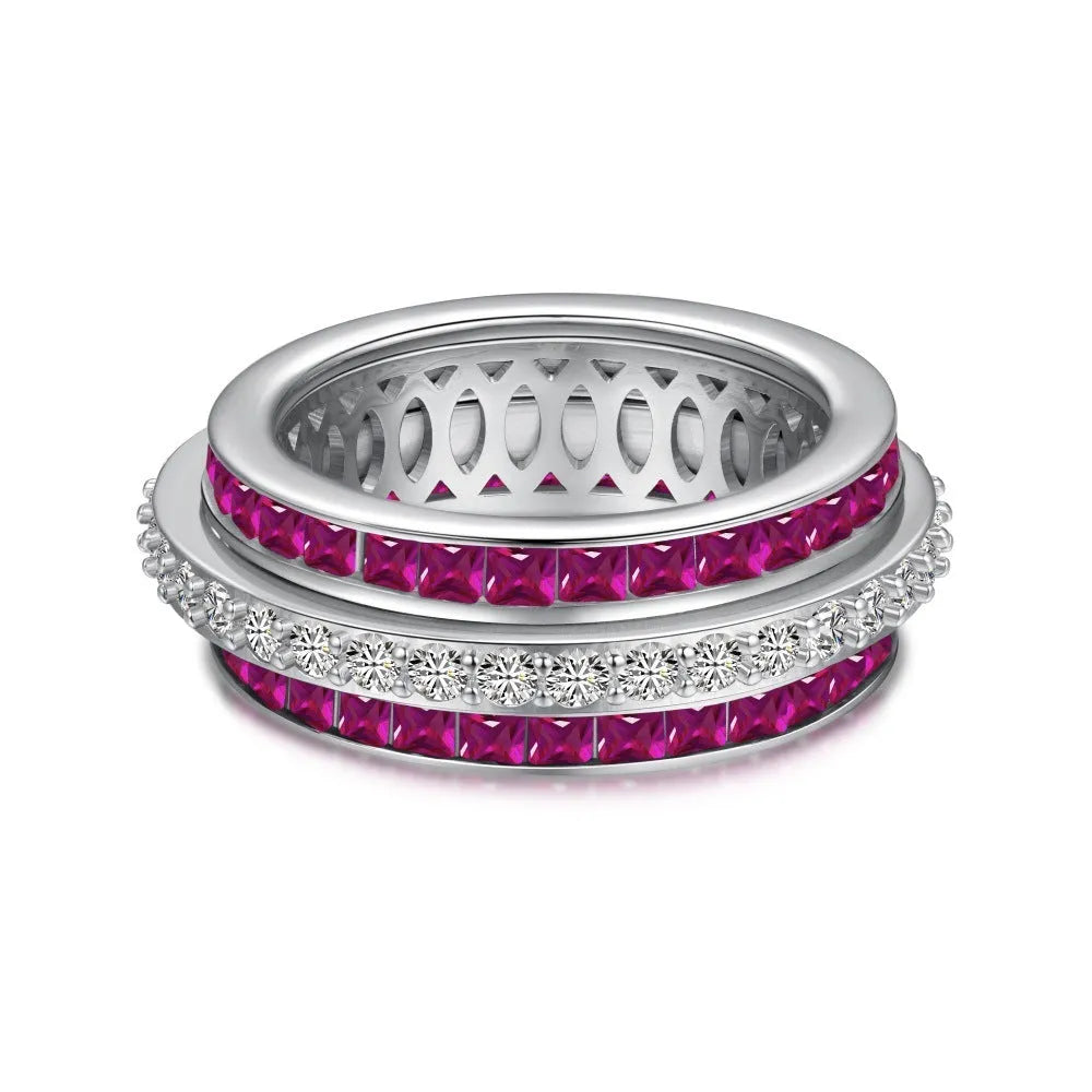 S925 sterling silver rotating diamond inlay ring for women, geometric style, available in blue, green, pink, sizes No 6-9