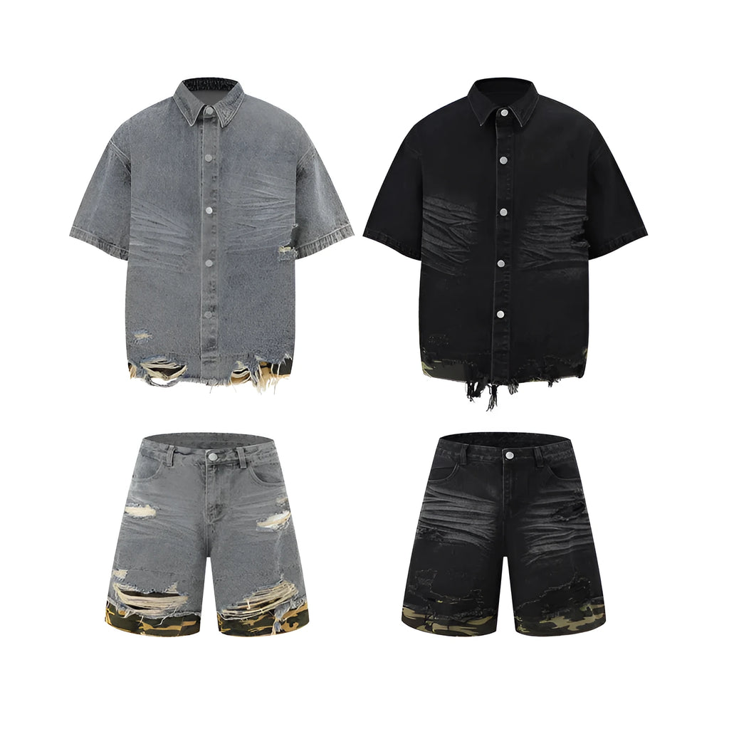 Cut edge stitching leopard print denim short sleeve suit set with black top and shorts