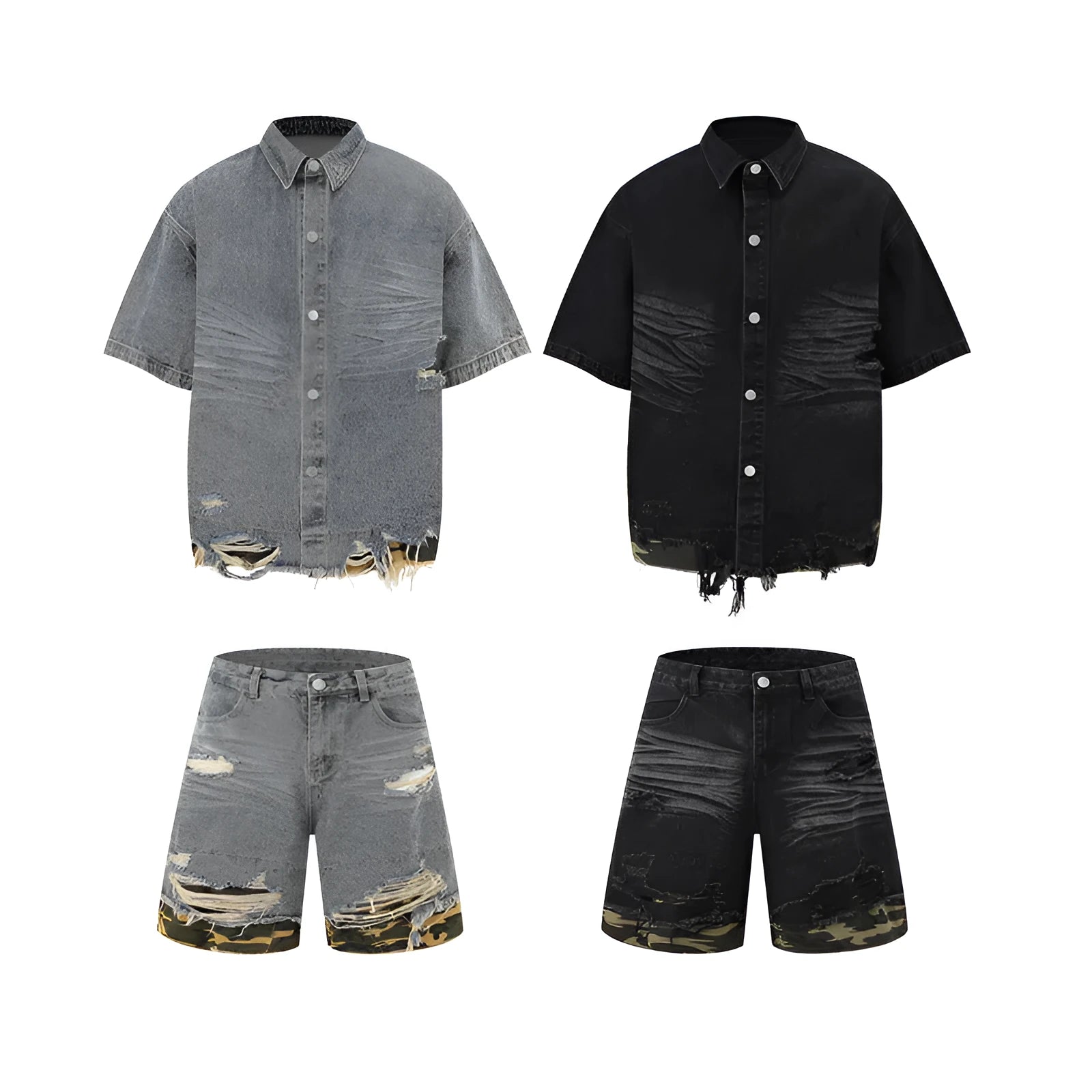 Cut edge stitching leopard print denim short sleeve suit set with black top and shorts