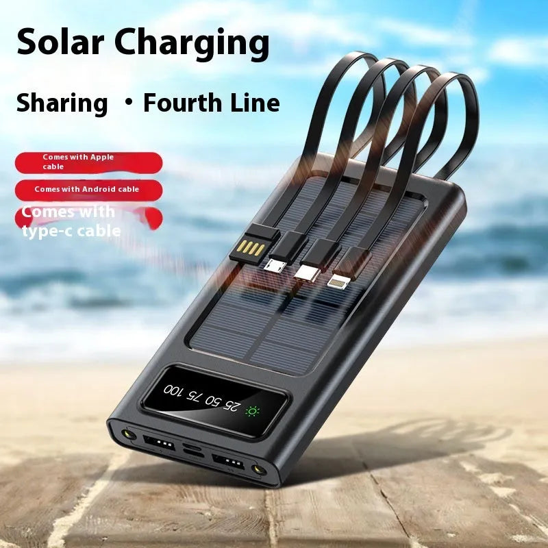 Black or white 20000mAh solar power bank with cable, showing creative design and portable size